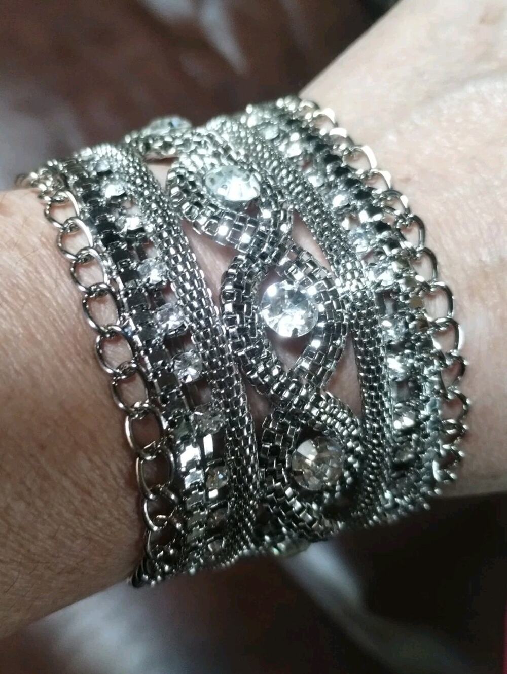 NEW Silver Tone Rhinestone Bridal Wedding Magnetic Cuff Multi Strand 8" Bracelet